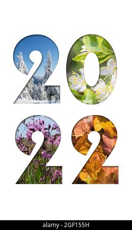 Numéro 2022 des photos de quatre saisons pour le calendrier, la circulaire, l'affiche, la carte postale, la bannière. Image verticale. Banque D'Images