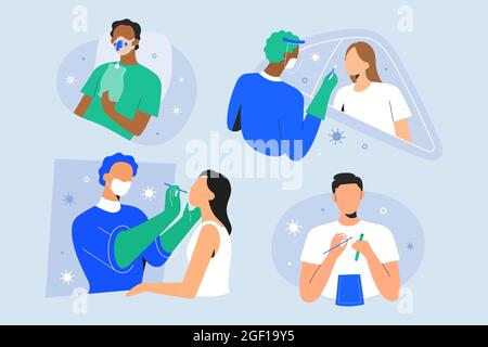 Personnages Covid, test PCR rapide Covid-19, personnes testées pour le coronavirus avec écouvillon nasal, test au volant, kit d'auto-test, illustration vectorielle Illustration de Vecteur