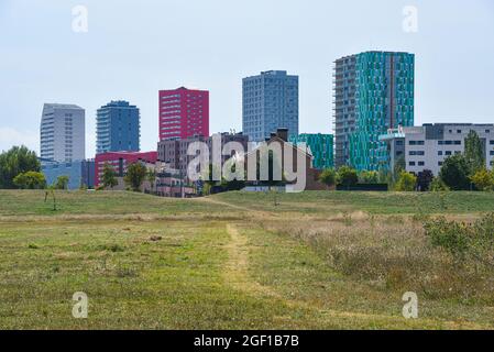 Vitoria-Gestaiz, Espagne - 21 août 2021 : une tour urbaine se trouve à quelques pâtés de maisons de la réserve naturelle des zones humides de Salburua, sur la ceinture verte de Vitoria-Gasteiz Banque D'Images