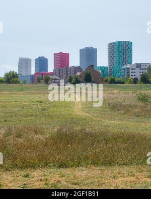 Vitoria-Gestaiz, Espagne - 21 août 2021 : une tour urbaine se trouve à quelques pâtés de maisons de la réserve naturelle des zones humides de Salburua, sur la ceinture verte de Vitoria-Gasteiz Banque D'Images