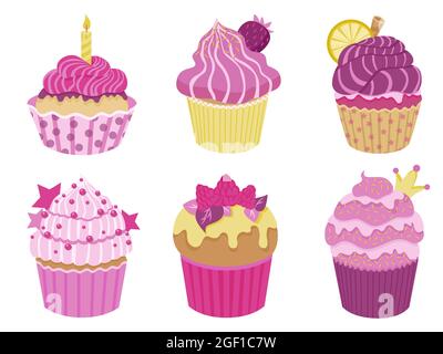 Ensemble de petits gâteaux à la crème et aux baies. Un délicieux désert avec une décoration différente. Collection de muffins aux saupoudrés roses et violets. Vecteur Illustration de Vecteur
