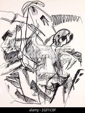 Dessin figuratif abstrait avec des lignes et des courbes fortes sur fond blanc. Illustration abstraite. Banque D'Images