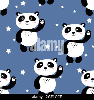 Motif sans couture avec bébé panda mignon et étoiles sur fond de couleur. Animaux asiatiques amusants. Carte, cartes postales pour enfants. Illustration vectorielle plate pour Illustration de Vecteur