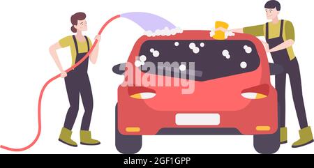 Deux personnages heureux en voiture de lavage uniforme avec illustration vectorielle plate de savon Illustration de Vecteur