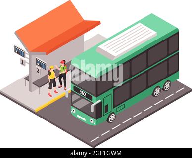 Icône de transport public urbain isométrique avec deux personnes et illustration vectorielle 3d à bus à impériale Illustration de Vecteur