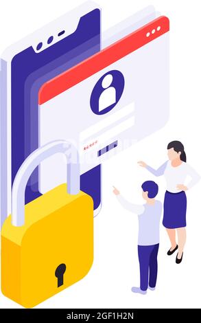 Concept de protection des données isométrique avec fenêtre de connexion enfant parent verrouiller illustration du vecteur 3d Illustration de Vecteur