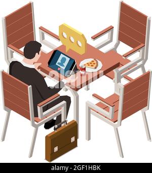 Discussion de personnes composition isométrique avec le personnage d'homme d'affaires à table de café avec ordinateur portable exécutant l'illustration de vecteur d'appel vocal Illustration de Vecteur