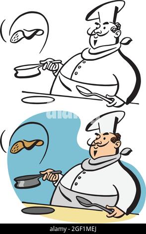 Un dessin animé rétro d'un chef qui renait une crêpe dans un poêlon. Illustration de Vecteur