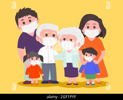 Famille portant un masque médical de protection pour prévenir le virus. Grand-père, grand-mère, papa, maman, fille, Et fils portant un masque chirurgical. Vecteur Illustration de Vecteur