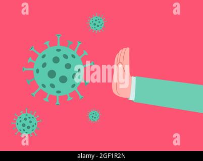 Coronavirus bloqué d'une main avec un geste de rejet.concept de prévention du virus Corona.Illustration vectorielle plate. Illustration de Vecteur