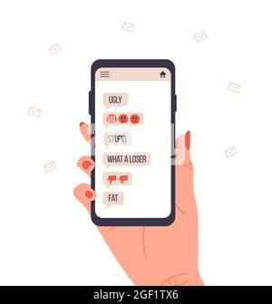 Cyber-intimidation. Femme tenant un smartphone avec des messages contextuels à l'écran. Concept d'abus en ligne. Problèmes dans les réseaux sociaux. Illustration vectorielle Illustration de Vecteur