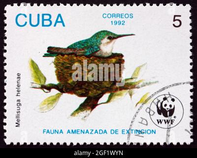 CUBA - VERS 1992 : un timbre imprimé à Cuba montre que le colibris d'abeille, mellisuga helenae, est le plus petit oiseau vivant, vers 1992 Banque D'Images
