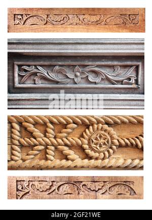 Ensemble de bordures horizontales ou verticales avec ornement floral en bois sculpté. Cadre sculpté décoratif antique sur une surface en bois Banque D'Images