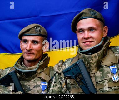 Kiev, Ukraine. 22 août 2021. L'armée ukrainienne participe à la répétition du défilé militaire qui aura lieu le jour de l'indépendance. Crédit : SOPA Images Limited/Alamy Live News Banque D'Images