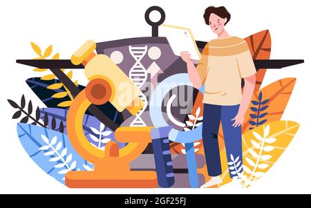 le chercheur analyse son document de recherche en biotechnologie à l'aide d'un microscope aussi, la biotechnologie est l'utilisation de la biologie pour résoudre le problème Illustration de Vecteur