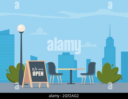Café extérieur d'été avec table et sièges sur fond de ville moderne. Scène de restaurant de rue dans le design plat. Illustration vectorielle Illustration de Vecteur
