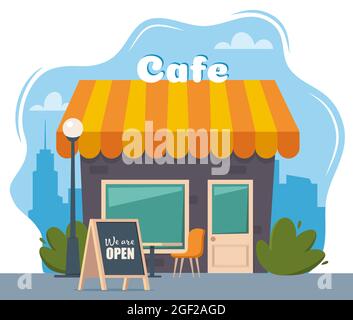 Rue café façade avec tableau noir et inscription nous sommes ouverts. Café extérieur d'été avec table et sièges. Ambiance de restaurant dans un style plat. Vecteur illus Illustration de Vecteur