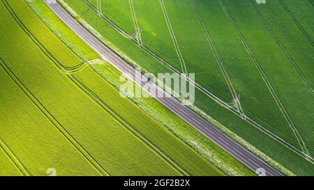 Vue aérienne de la route de campagne au milieu des champs de ferme verdoyants à la fin du printemps, West Sussex, Royaume-Uni. Banque D'Images