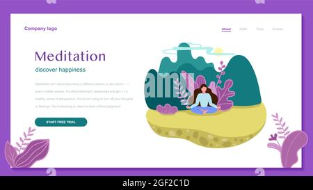 Concept de mode de vie sain pour le site Web.Méditation dans lotus pose.Découvrez le bonheur. Illustration du vecteur plat de dessin animé Illustration de Vecteur