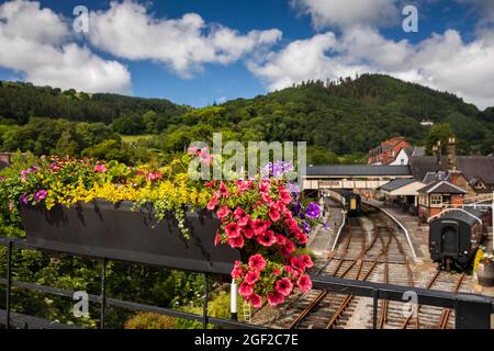 UK Wales, Clwyd, Llangollen, Mill Street, exposition florale à la gare de Llangollen Banque D'Images