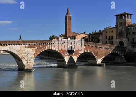 La tour de briques de l’église Santa Anastasia des années 1400 s’élève au-delà d’un important monument romain à Vérone, en Vénétie, en Italie : le Ponte della Pietra (Pont de pierre) à dos d’âne qui enjambe la rivière alpine Adige. Le Pons Marmoreus original portait la voie romaine très fréquentée via Postumia reliant Vérone aux villes de l'extrême ouest et de l'est de l'Italie, mais s'effondrait souvent dans les inondations et fut reconstruit en partie en briques. Les troupes allemandes en retraite font exploser quatre des cinq arches en 1945. Le pont d’aujourd’hui, reconstruit dans les années 1950, a deux arches romaines en pierre orientale, deux arches vénitiennes du XVIe siècle et une arche occidentale reconstruite en 1298. Banque D'Images