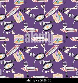Joli motif sans couture accessoires de cuisine. Jolie illustration dessinée à la main, aquarelles sur fond blanc Banque D'Images