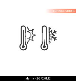 Thermomètre avec soleil et flocon de neige. Icône de vecteur de ligne de température élevée et basse, chaude et froide, contour modifiable. Illustration de Vecteur