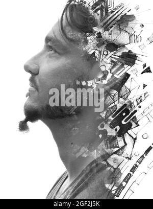 Peinture. Portrait d'un jeune homme créatif combiné à une peinture abstraite Banque D'Images