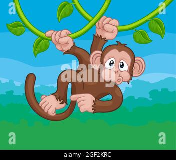 Monkey chantant sur Jungle Vines Pointing Cartoon Illustration de Vecteur