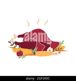 Appétissant dinde cuite avec des légumes. Plat traditionnel pour le dîner de Thanksgiving. Icône représentant un dessin animé à plat avec élément d'automne. Objet, clipart, élément Illustration de Vecteur