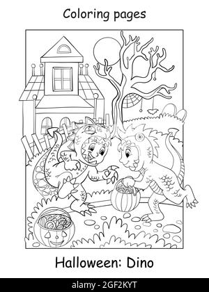 Pages de coloriage vectorielles garçons amusants en costume de dinosaure. Concept Halloween. Illustration de contour de dessin animé isolée sur fond blanc. Cahier de coloriage pour Illustration de Vecteur