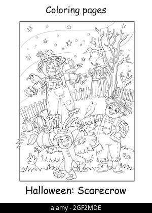 Page de coloriage vectoriel enfants drôles en costumes de fracas et de corbeau. Concept Halloween. Illustration isolée de contour de dessin animé. Livre de coloriage pour le chi Illustration de Vecteur