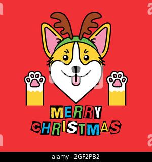 Corgi en costume cerf de noël sur rouge Illustration de Vecteur