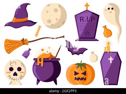 Icônes définies pour une fête d'Halloween, objets effrayants et magiques dans un style plat isolé sur un fond blanc. Illustration de Vecteur