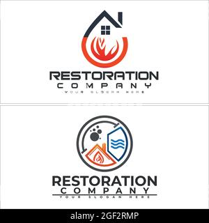 Restauration de la construction avec la maison et le logo du feu Illustration de Vecteur