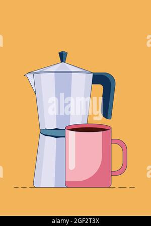 Illustration vectorielle d'une simple machine à café geyser avec café chaud dans une tasse rose isolée sur fond jaune. Illustration vectorielle dans un Illustration de Vecteur