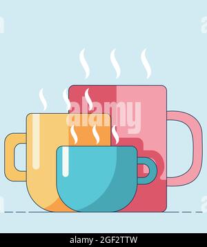 Des tasses de dessin animé avec des boissons chaudes de différentes tailles et couleurs isolées sur un fond bleu. Mugs roses, bleus et jaunes dans un style plat. Illustration de Vecteur