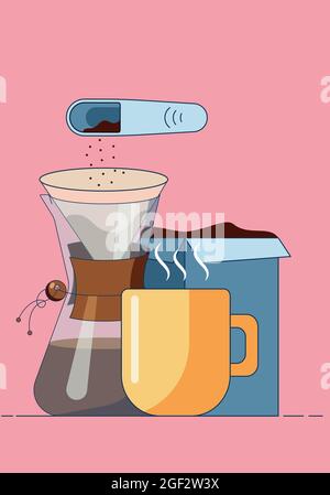 Tasse avec café chaud, verseuse et sac filtrant, boîte avec café et cuillère. Illustration vectorielle de dessin animé de style plat, isolée sur un bleu et un blanc Illustration de Vecteur