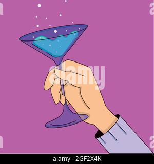 Illustration de la célébration, main avec un verre de cocktail, boire des cocktails alcoolisés. Illustration vectorielle de dessin animé de style plat. Illustration de Vecteur