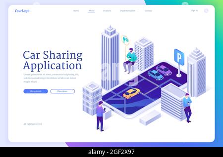 Page d'accueil isométrique de l'application de partage de voiture Illustration de Vecteur