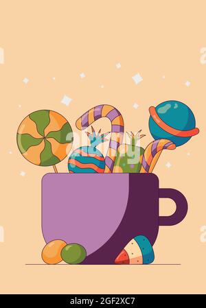 Friandises pour une fête d'halloween, jouer à l'astuce ou à un jeu de friandises pour tous les recueillir, sucreries sucrées dans une tasse isolée sur un fond jaune. Illustration de Vecteur