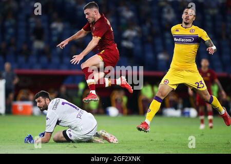 Jordan Veretout of Roma marque 3-1 but pendant le championnat italien Serie UN match de football entre AS Roma et ACF Fiorentina le 22 août 2021 au Stadio Olimpico à Rome, Italie - photo Federico Proietti / DPPI Banque D'Images