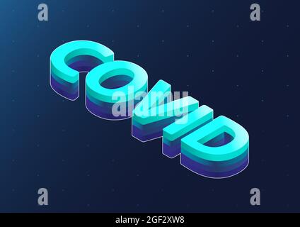 Texte vectoriel isométrique covid 3d. Lettres isométriques bleues sur fond bleu foncé. Illustration de Vecteur