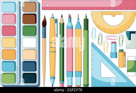 Concept illustration d'une école de dessin animé fournitures, jeu de pinceaux, marqueurs, stylo, crayons et autres choses. Illustration vectorielle isolée sur un blanc Illustration de Vecteur