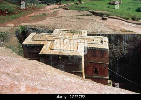 Éthiopie, province de Lasta, Lalibela. L'église Saint-Georges (Bete Giyorgis). Une des onze églises monolithiques rock-hewn de Lalibela. Éthiopien Banque D'Images