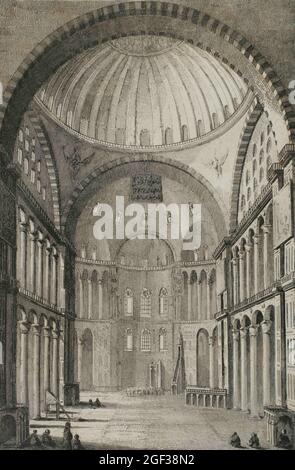 Époque Empire ottoman. Turquie. Constantinople (aujourd'hui Istanbul). Hagia Shopia. Basilique byzantine transformée en mosquée. Vue intérieure. Gravure par Lemai Banque D'Images