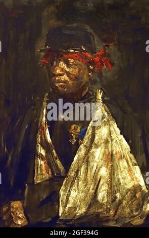 Portrait d'a, blessé, KNIL, soldat,1882, par Isaac Israël 1865 - 1934 Néerlandais les pays-Bas, peinture à l'huile , 37×23cm, ce Ghanéen a reçu le nom de Kees Pop, fils de Kwamena et Ekoerva, Quand il est entré au service de l'armée coloniale néerlandaise dans l'ancienne forteresse d'esclaves d'Elmina – Ghana. 'Pop' est entré en service pendant douze ans en 1869 et a combattu dans la guerre d'Aceh en Indonésie. Israël le dépeint – avec des médailles – aux pays-Bas, juste avant son retour en Afrique. (L'Armée royale des Indes néerlandaises, KNIL, Koninklijk Nederlands Indisch léger.) Banque D'Images