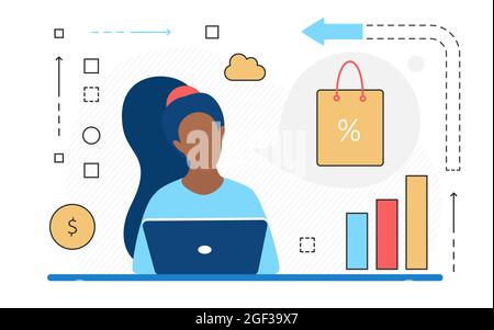 Ventes dans un magasin de détail, les gens magasinent en ligne illustration vectorielle. Personnage de dessin animé de femme commerçant assis, utilisant un ordinateur portable pour le shopping, le sac et le stockage dans le cloud, boutique icônes de ligne d'application isolée sur blanc Illustration de Vecteur