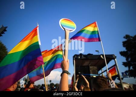 Les drapeaux de fierté LGBT Rainbow sont vus pendant la marche. La Marche annuelle pour l'égalité est également connue sous le nom de « Pride Parade ». la marche de cette année a attiré plus de participants Banque D'Images