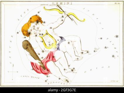 Cartes astronomiques/astrologiques anciennes de Sidney Hall - Gemini Banque D'Images